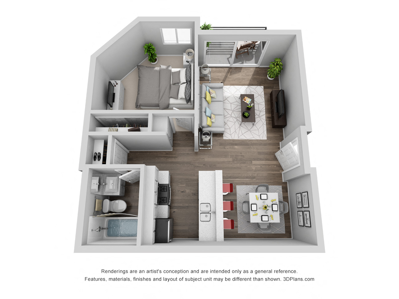 Floor plan for 1 bed, 1 bath, 534 sqft